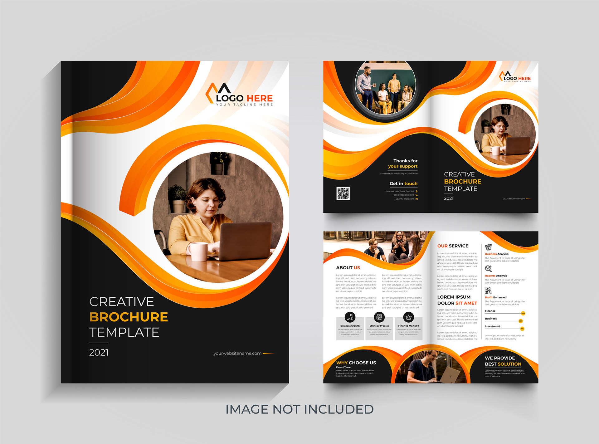 Corporate Modern Bi-Fold Orange And Black Brochure Design Template